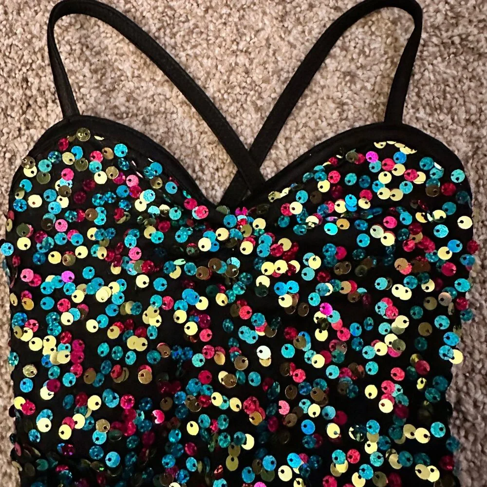 XSC Weissman Bright Confetti Dance Costume w/ Neon Skirt sequin bodice 4/5